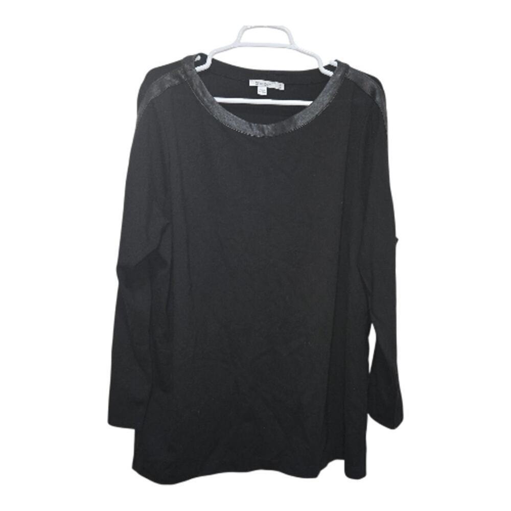 Chico's Size 4 XXL Black Faux Leather Trim Button Sleeve Tunic Top